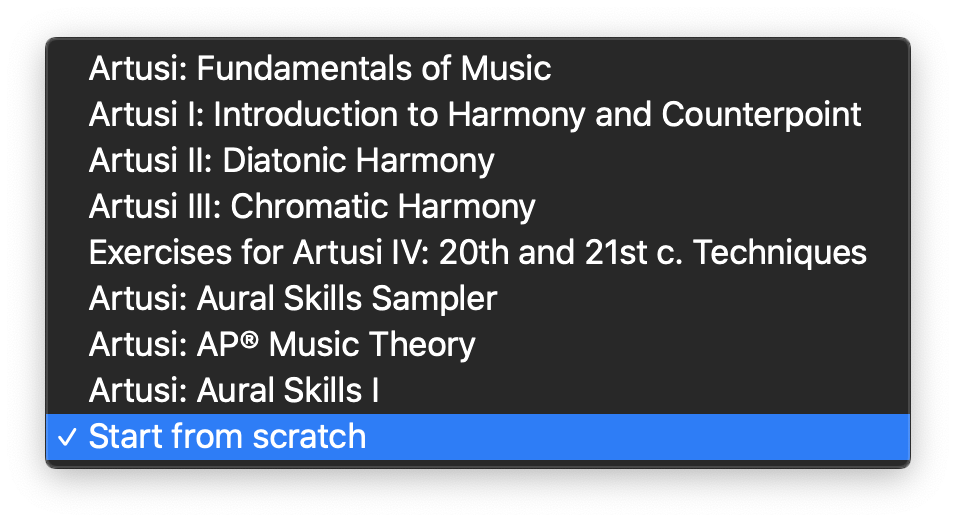Dropdown menu of curriculum choices with 'Start from Scratch' selected